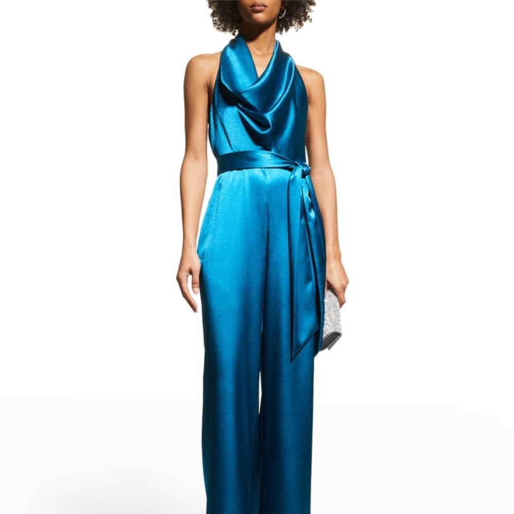 Cowl Drape Neck Satin Halter Jumpsuit